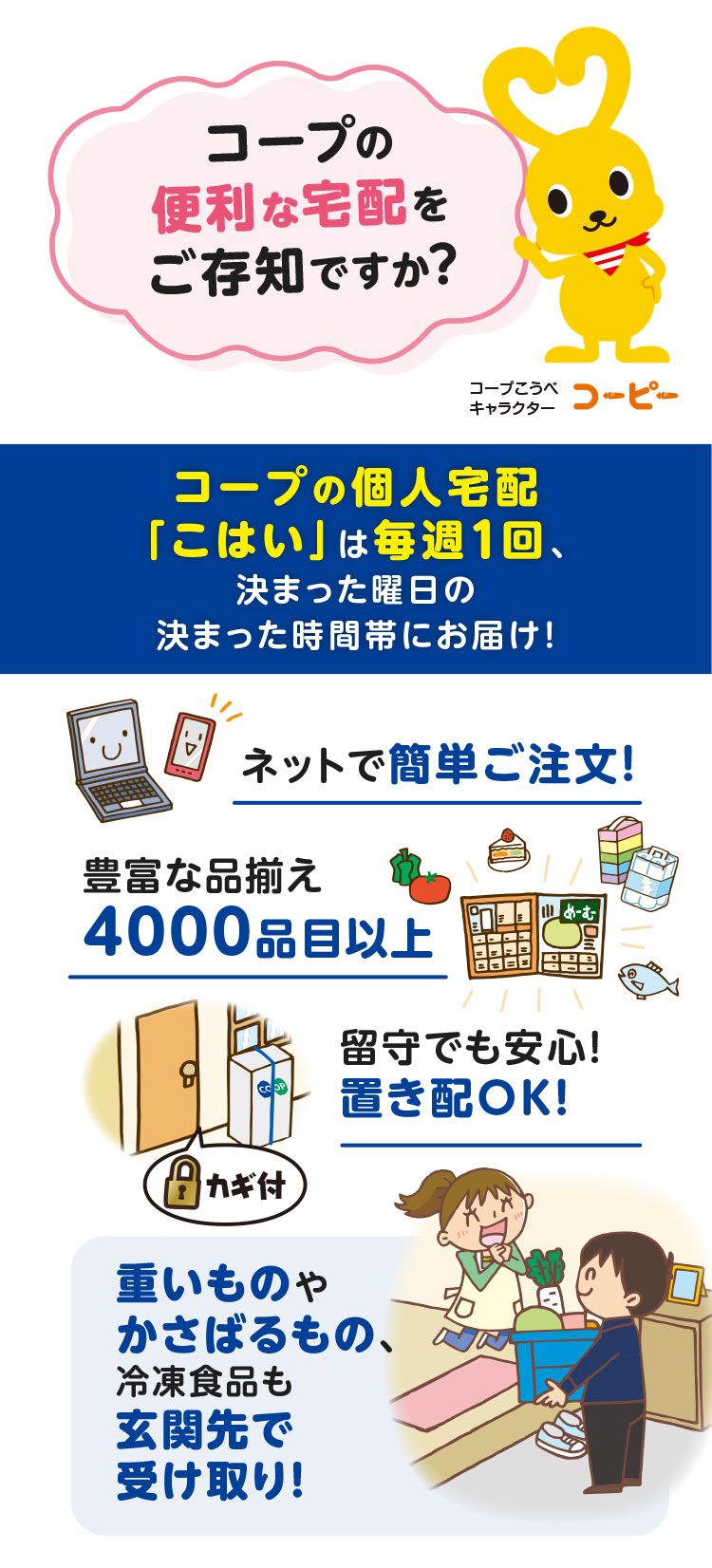 コープの便利な宅配をご存知ですか？／コープの個人宅配「こはい」は毎週1回、決まった曜日の決まった時間帯にお届け！／＜ネットで簡単ご注文！＞＜豊富な品揃え4000品目以上＞＜留守でも安心！置き配OK！＞／重いものやかさばるもの、冷凍食品も玄関先で受け取り！