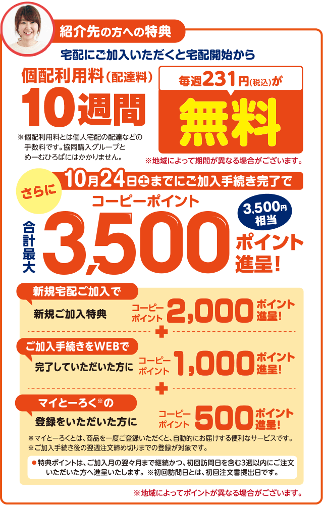 紹介先の方への特典/宅配にご加入いただくと宅配開始から個配利用料(配達料)10週間、毎週231円(税込)が無料/※地域によって期間が異なる場合がございます。/さらにコーピーポイント合計最大3,500ポイント進呈!(3,500円相当) 新規宅配ご加入で新規ご加入特典コーピーポイント2,000ポイント進呈!+ご加入手続きをWEBで完了していただいた方にコーピーポイント1,000ポイント進呈!+マイとーろくの登録をいただいた方にコーピーポイント500ポイント進呈!/●特典ポイントは、ご加入月の翌々月まで継続かつ、初回訪問日を含む3週以内にご注文いただいた方へ進呈いたします。※初回訪問日とは、初回注文書提出日です。/※地域によってポイントが異なる場合がございます。