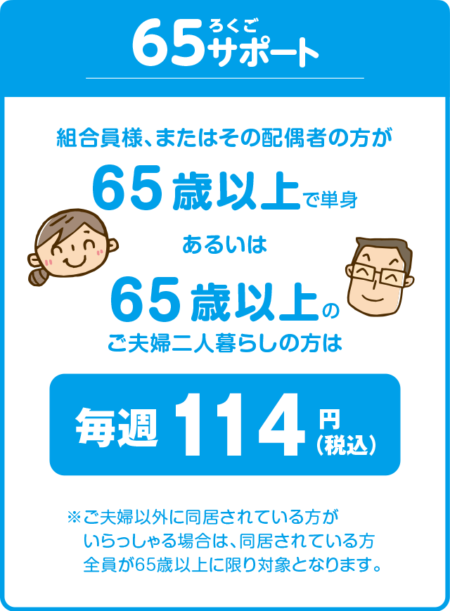 65（ろくご）サポート／組合員様、またはその配偶者の方が65歳以上で単身あるいは65歳以上のご夫婦二人暮らしの方は毎週114円（税込） ※ご夫婦以外に同居されている方がいらっしゃる場合は、同居されている方全員が65歳以上に限り対象となります。