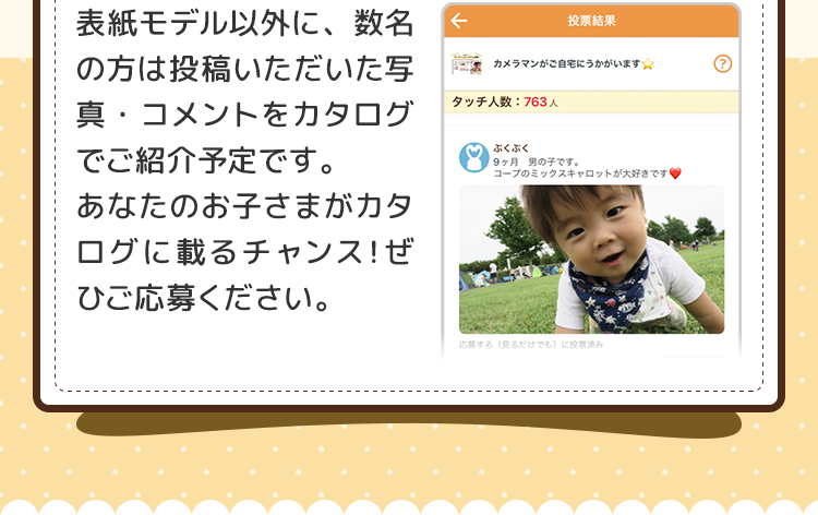 表紙モデル以外に、数名の方は投稿いただいた写真・コメントをカタログでご紹介予定です。あなたのお子さまがカタログに載るチャンス！ぜひご応募ください。